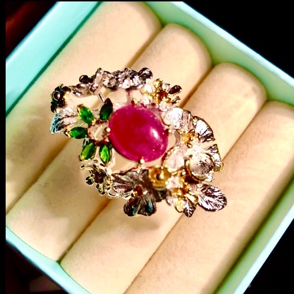 STUNNING MOZAMBIQUE RUBY CITRINE+CHROME DIOPSIDE 925SS RING